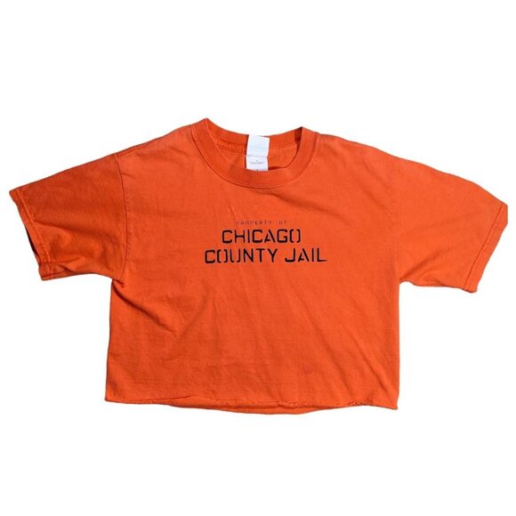 Edgy Bright Orange Chicago County Jail Raw Hem Baby Tee Crop Top - Picture 1 of 3